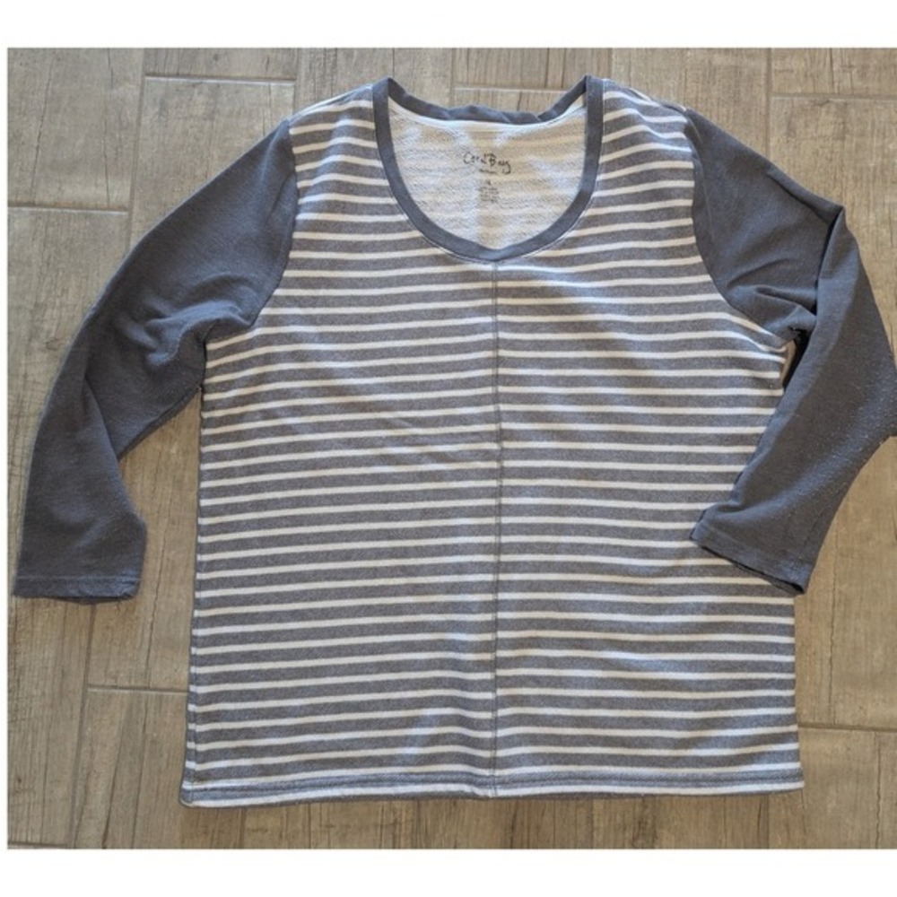 Coral‎ Bay Striped Long Sleeve Top Gray White Pullover Casual